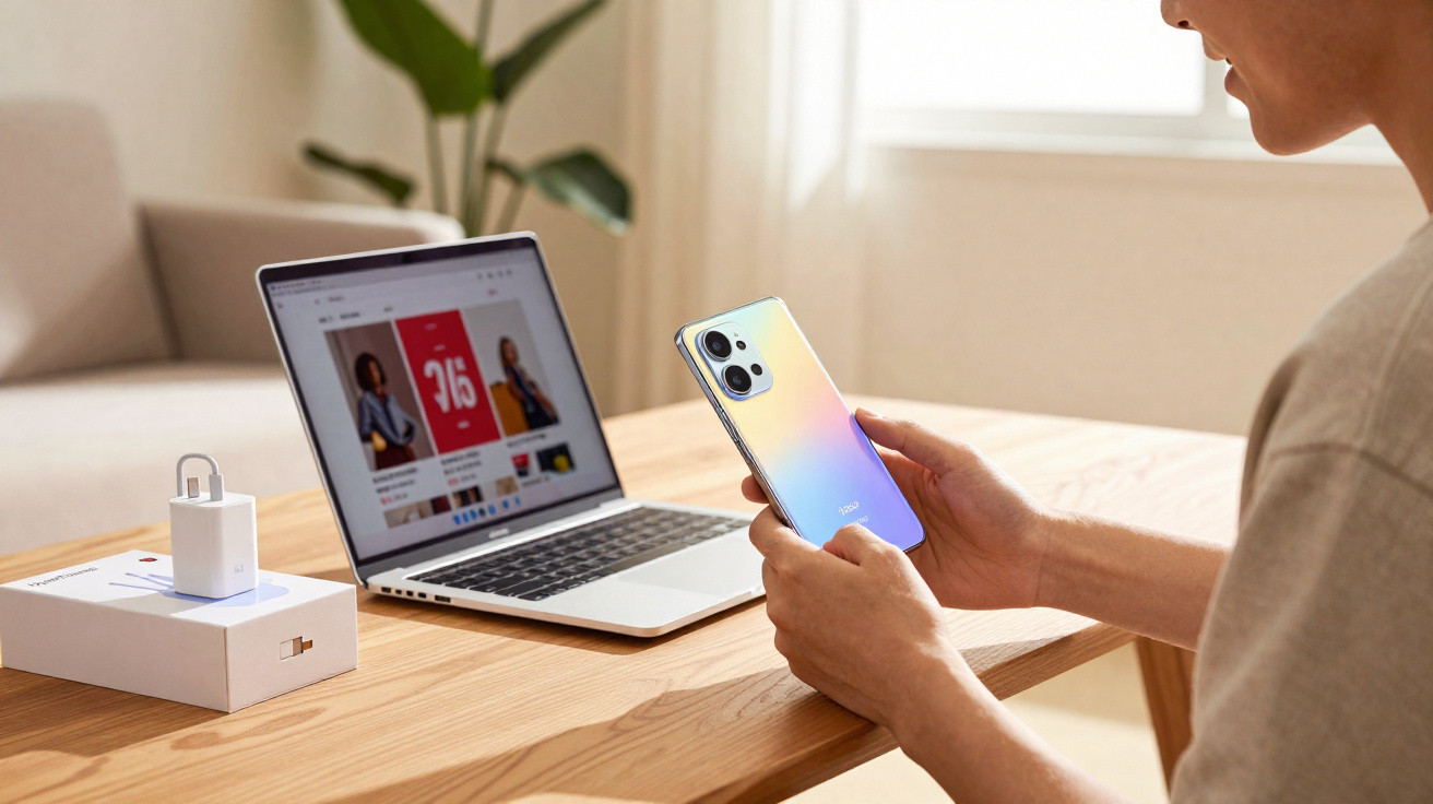Person holding a gradient-coloured smartphone sitting at a wooden table with a laptop and charger box nearby.