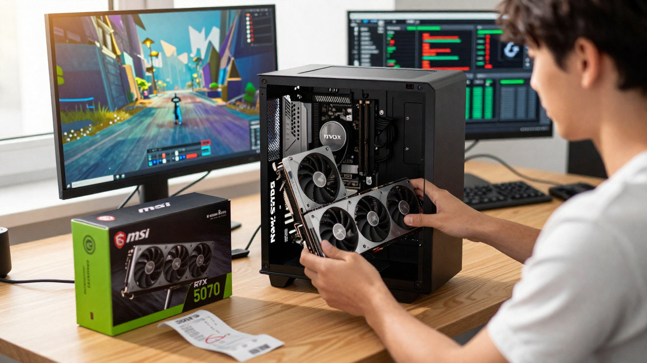 Person installing MSI RTX 5070 graphics card into a desktop PC with two monitors showing game and system data.