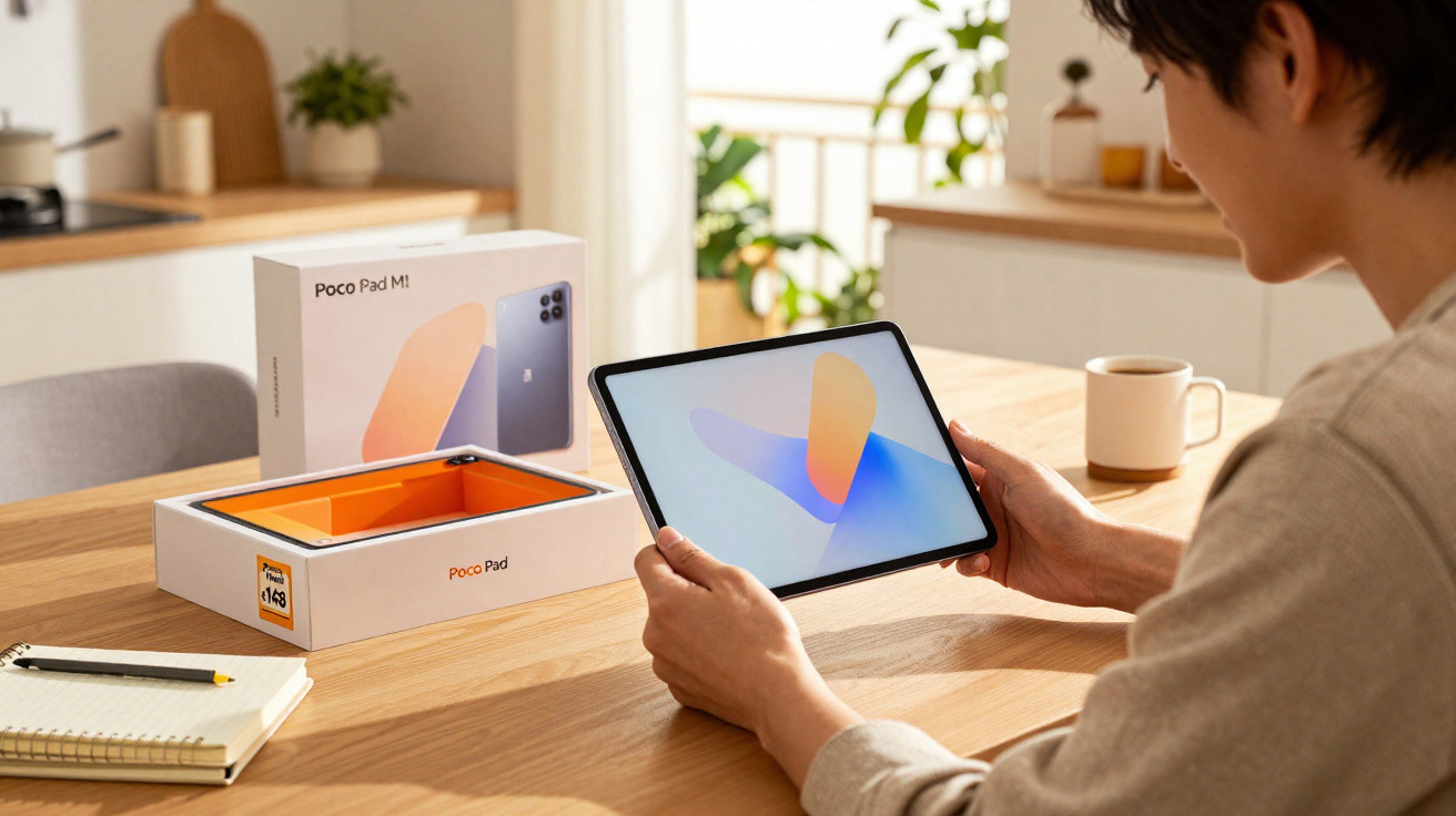 Person holding a Poco Pad M tablet with its box and packaging on a wooden table in a bright kitchen.