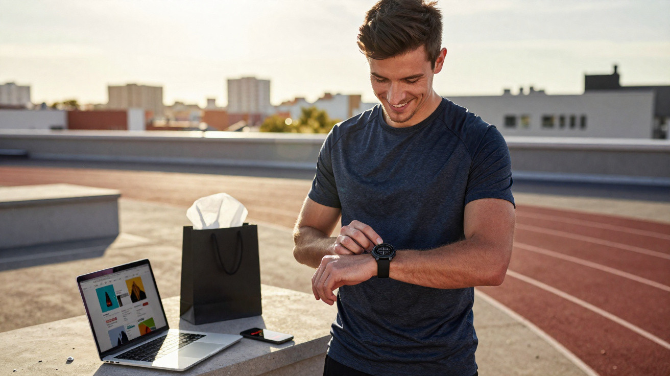 Smiling man in sportswear checking smartwatch near a laptop and gift bag on an outdoor track.