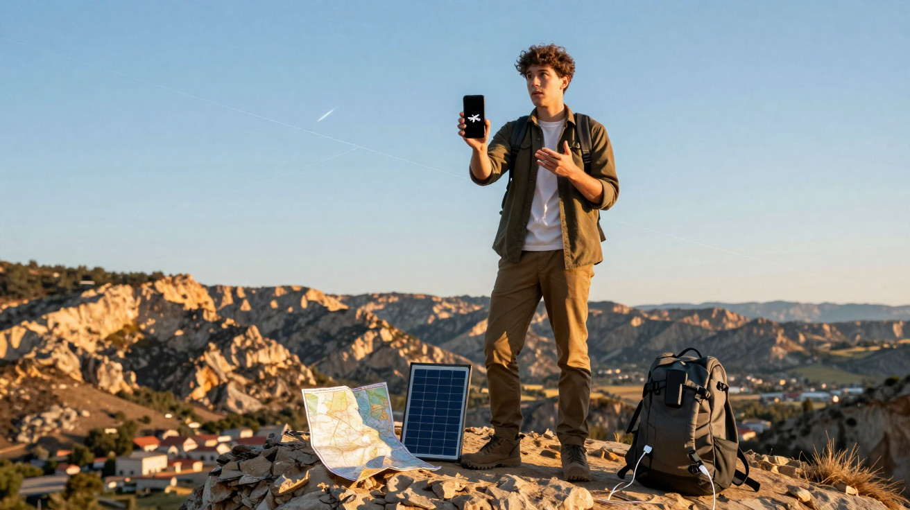 Young man standing on rocky hill using smartphone with map, solar panel, and backpack beside him at sunset.