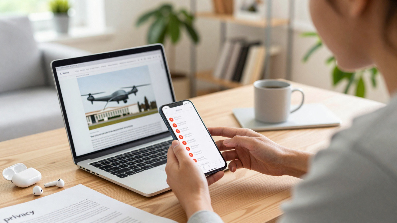 Person holding smartphone with app open beside laptop displaying drone image on desk with earphones and coffee mug