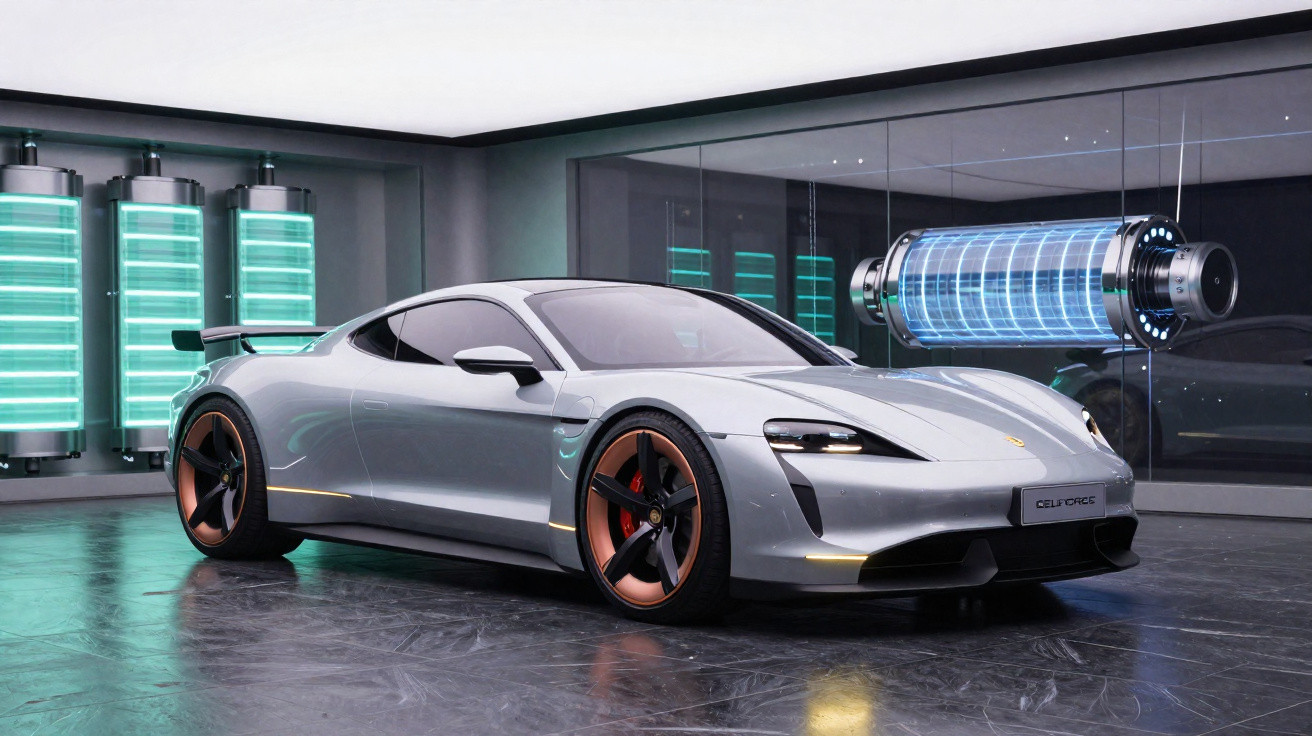 Silver Porsche electric sports car in futuristic room with large glowing battery cells on wall and suspended battery model.