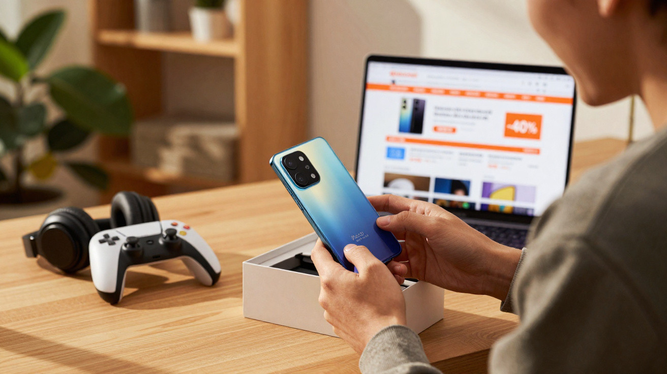 Person unboxing a blue smartphone at a desk with a laptop, game controller, and headphones in the background.