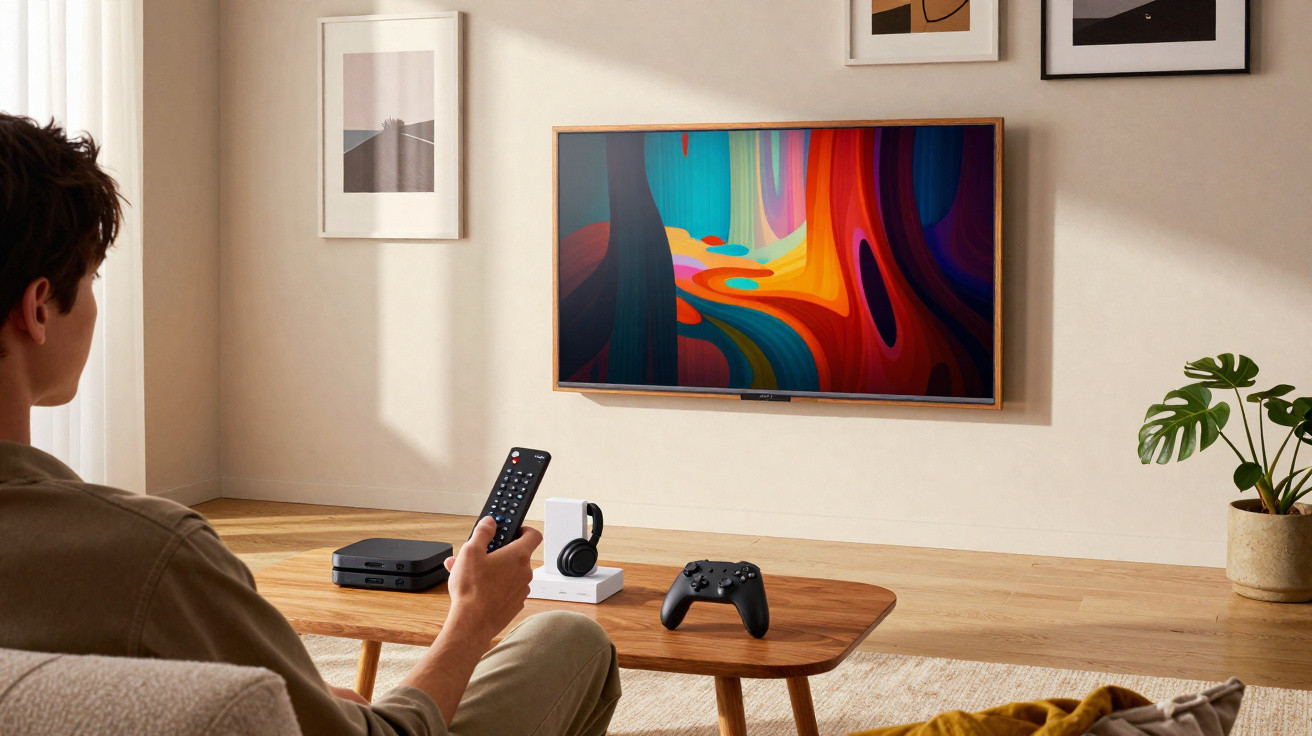 Person holding remote watching a vibrant abstract image on a wall-mounted television in a modern living room.