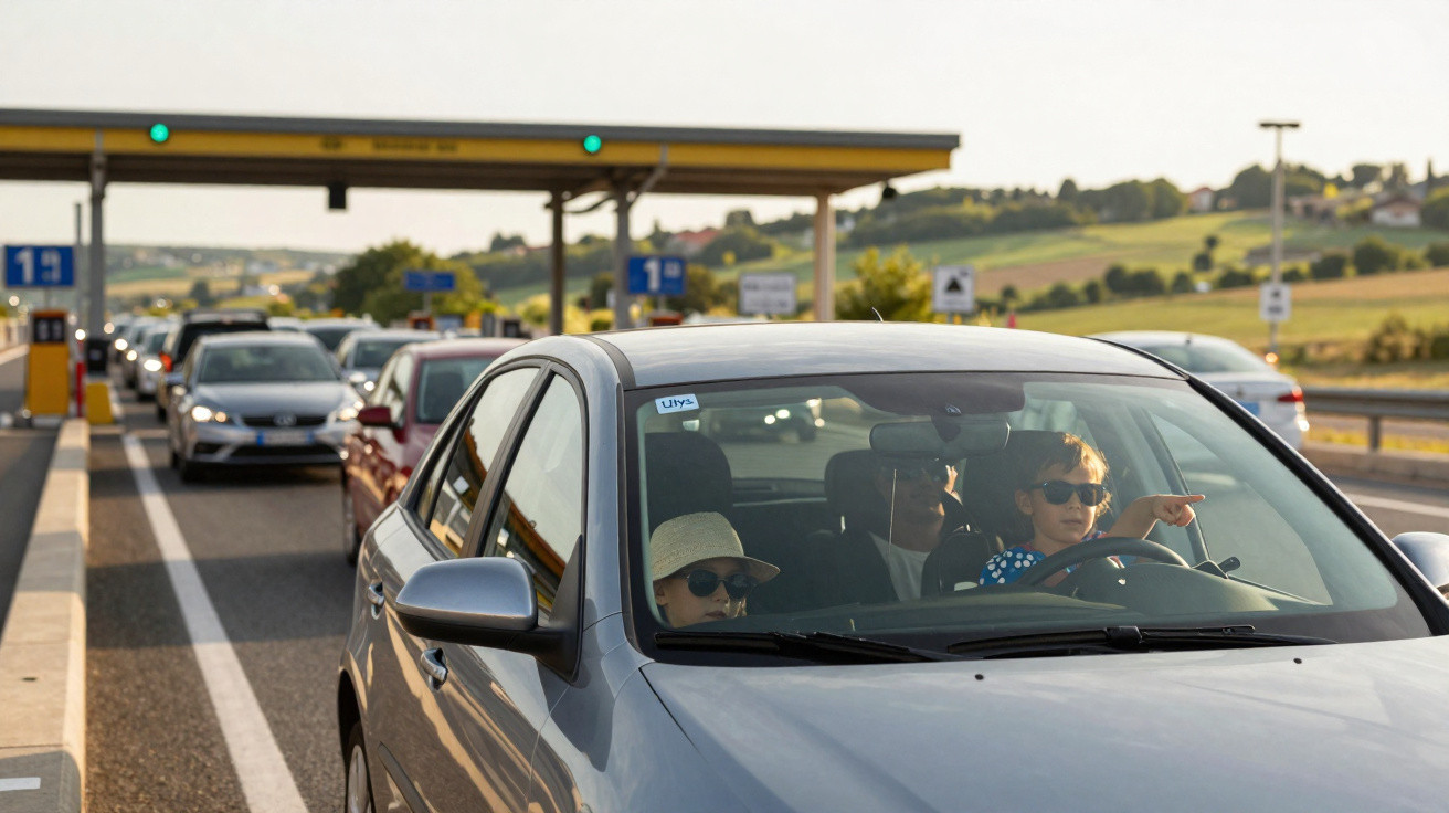 Family with two children wearing sunglasses in a car waiting in line at a toll booth on a sunny day.
