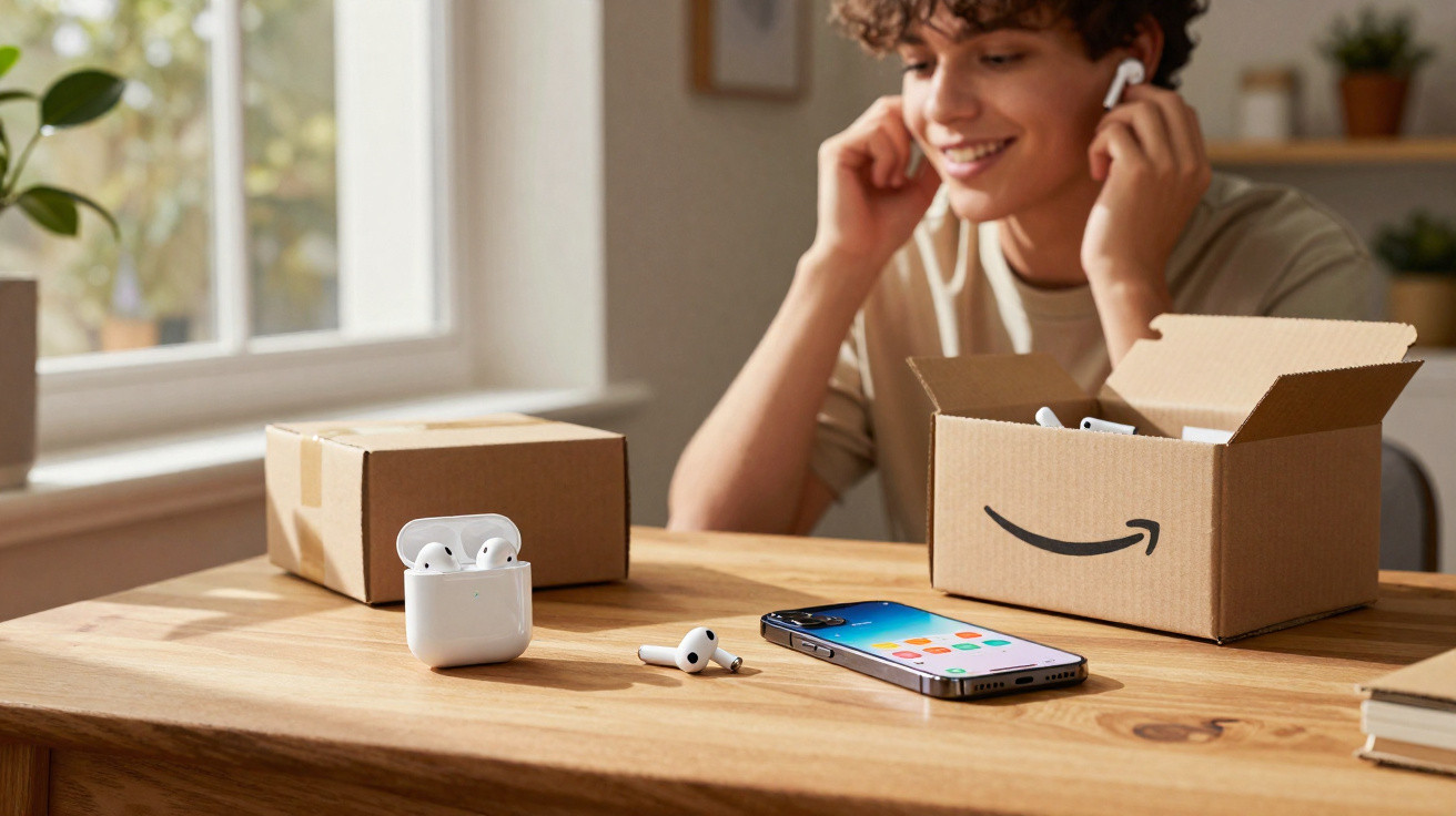 Young person smiling while putting in wireless earbuds, with smartphone, earbud case, and cardboard boxes on wooden table.