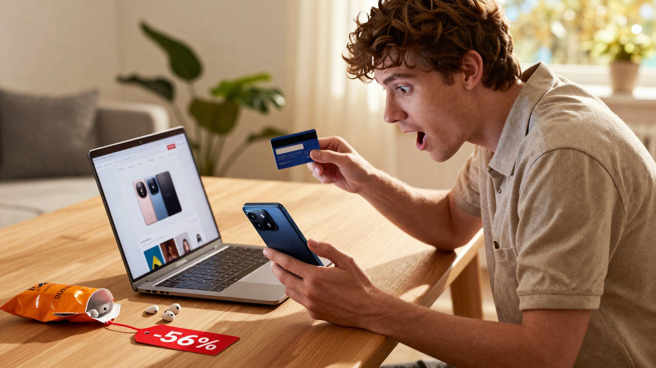 Young man shopping online on laptop holding phone and credit card with a discount tag on the table.