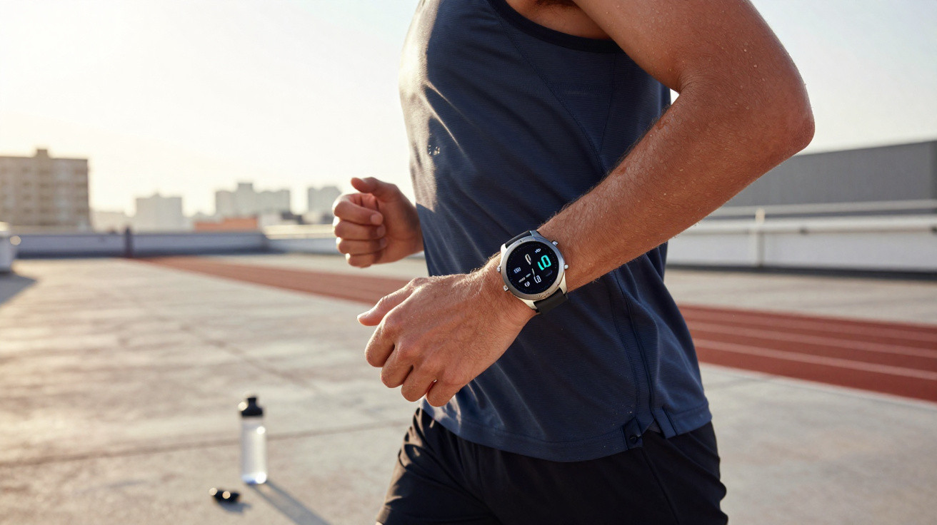 Close-up of a person running outdoors wearing a fitness watch on their wrist at a sunlit track.