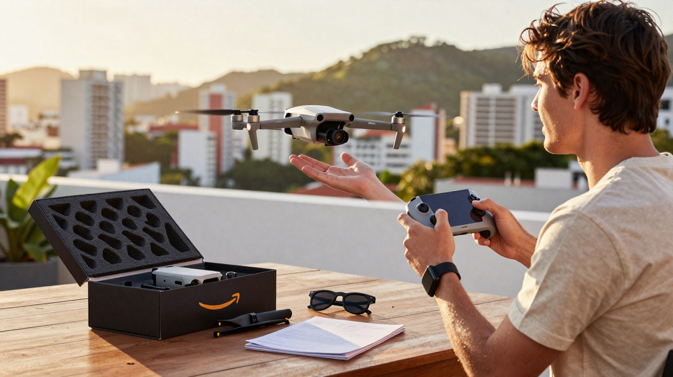 Young man operating a drone with remote controller on a rooftop table during sunset in a city setting.