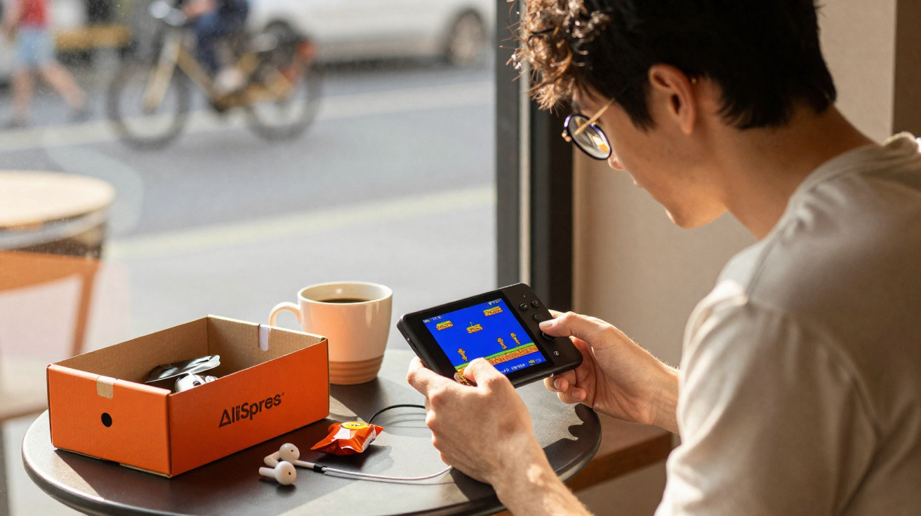 Person playing a retro video game on a handheld console at a café table with a coffee cup and box nearby.