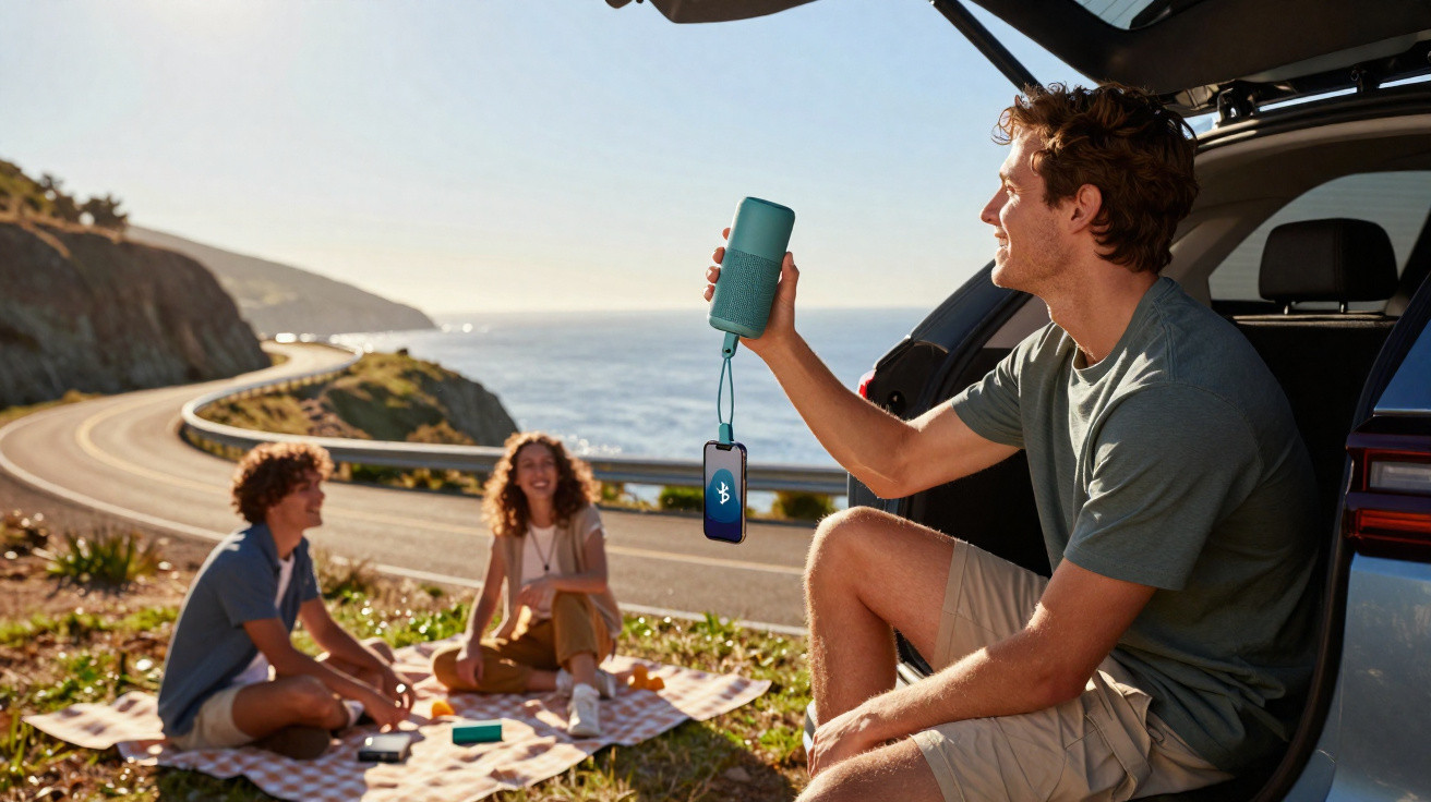 Young man holding a portable speaker linked to phone while two friends sit on a blanket at a coastal roadside picnic.