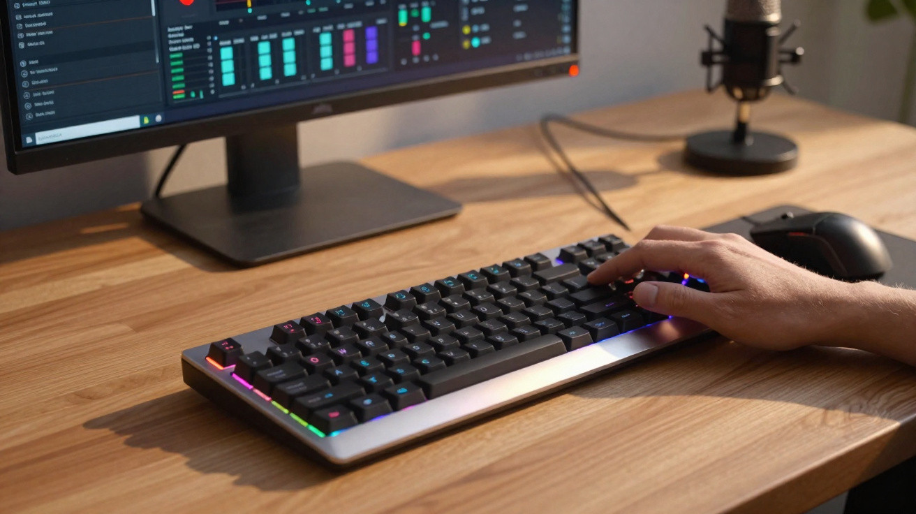 Person using a colourful backlit keyboard with audio editing software visible on a desktop monitor and microphone nearby.
