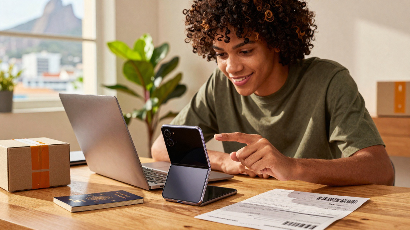 Young man smiling and using a foldable smartphone, laptop, passport, and paperwork on a wooden table.