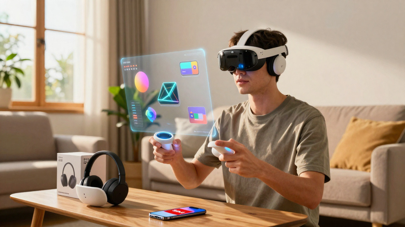 Young man using VR headset and controllers with holographic interface in a modern living room.