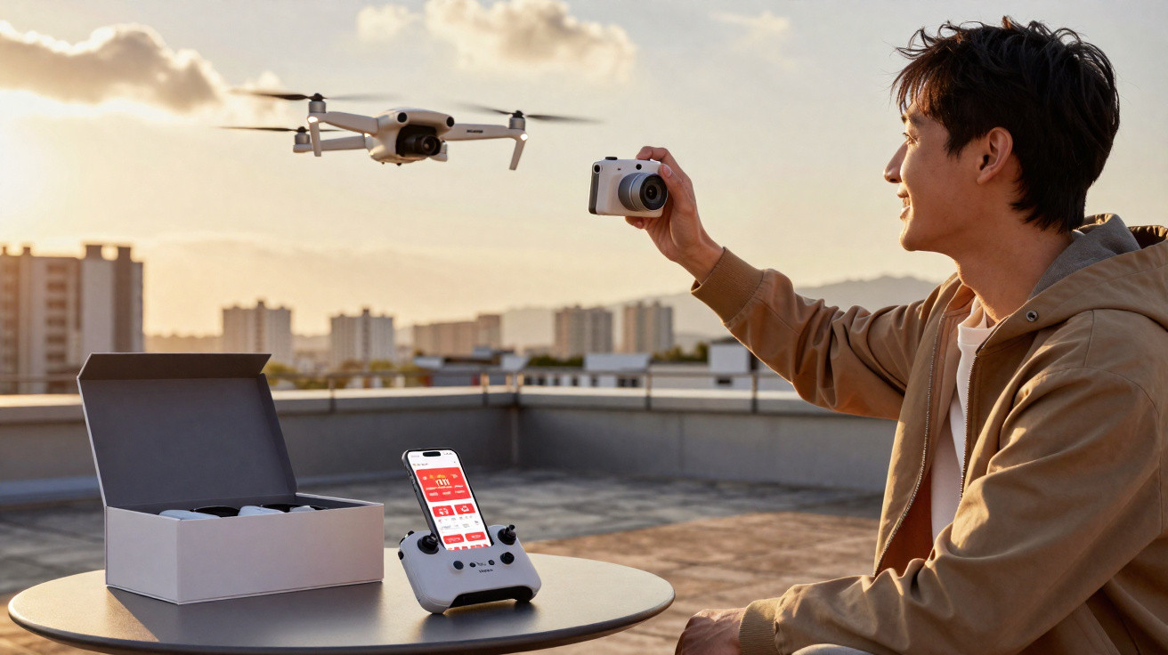 Man on rooftop controlling a flying drone with remote and camera during sunset.