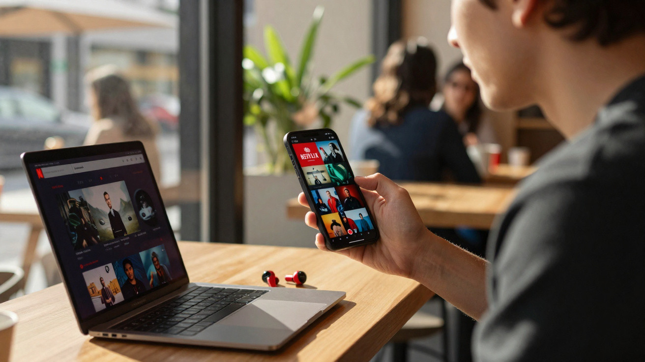 Person browsing Netflix on a smartphone with a laptop displaying Netflix in a cafe.