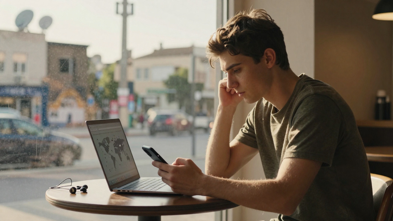 Young man sitting at a table using a smartphone and laptop with a map displayed near a sunlit window.