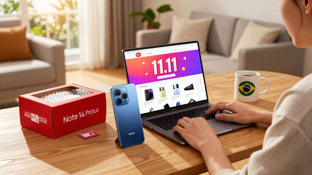 Person shopping online on laptop showing 11.11 sale, with smartphone, box, and mug on wooden table.