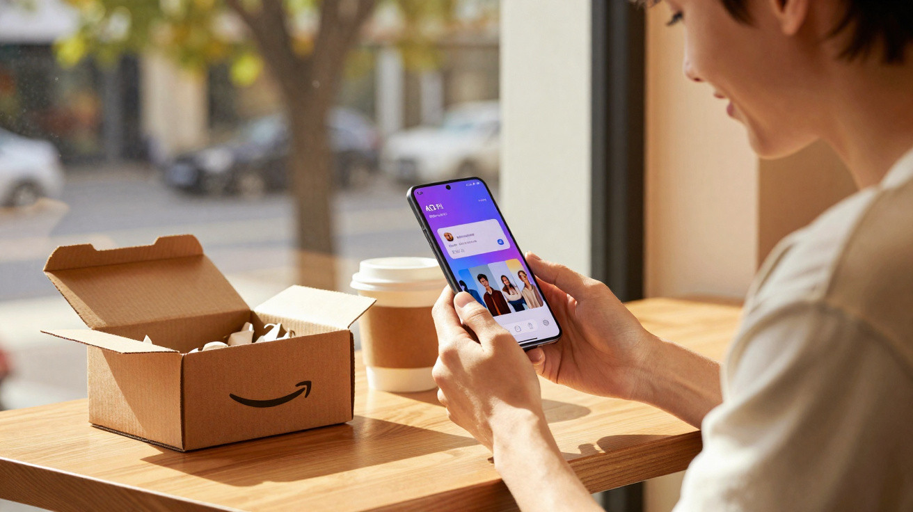 Person using a smartphone app while sitting at a table with an open Amazon box and a coffee cup by a window.