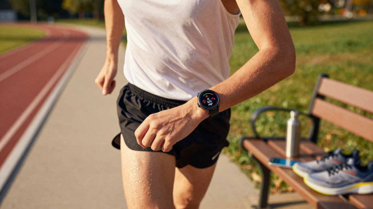 Close-up of a runner checking fitness stats on a smartwatch near a bench with shoes and water bottle.