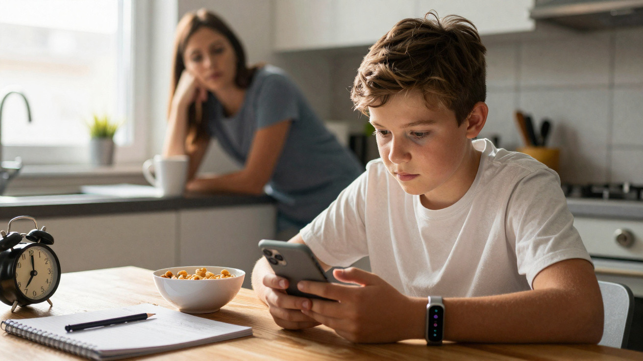 Boy focused on smartphone at kitchen table while woman watches him in the background.