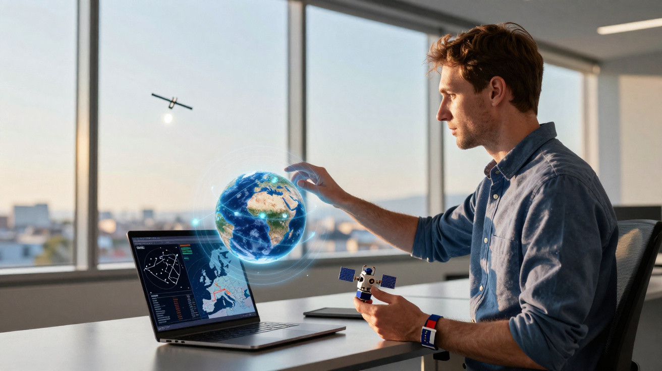 Man interacting with a holographic Earth projection from a laptop while holding a satellite model in a modern office.