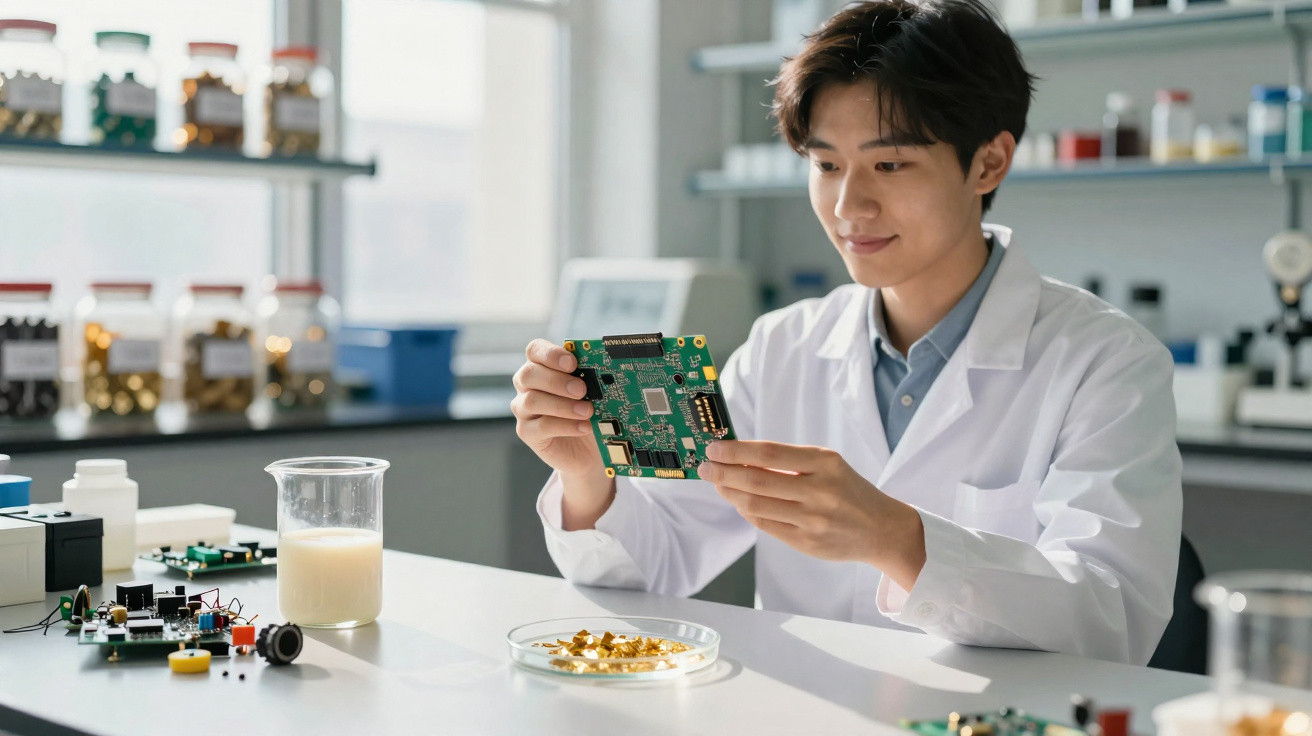 Scientist in a lab coat examining a circuit board with electronic components and a glass beaker on the table.