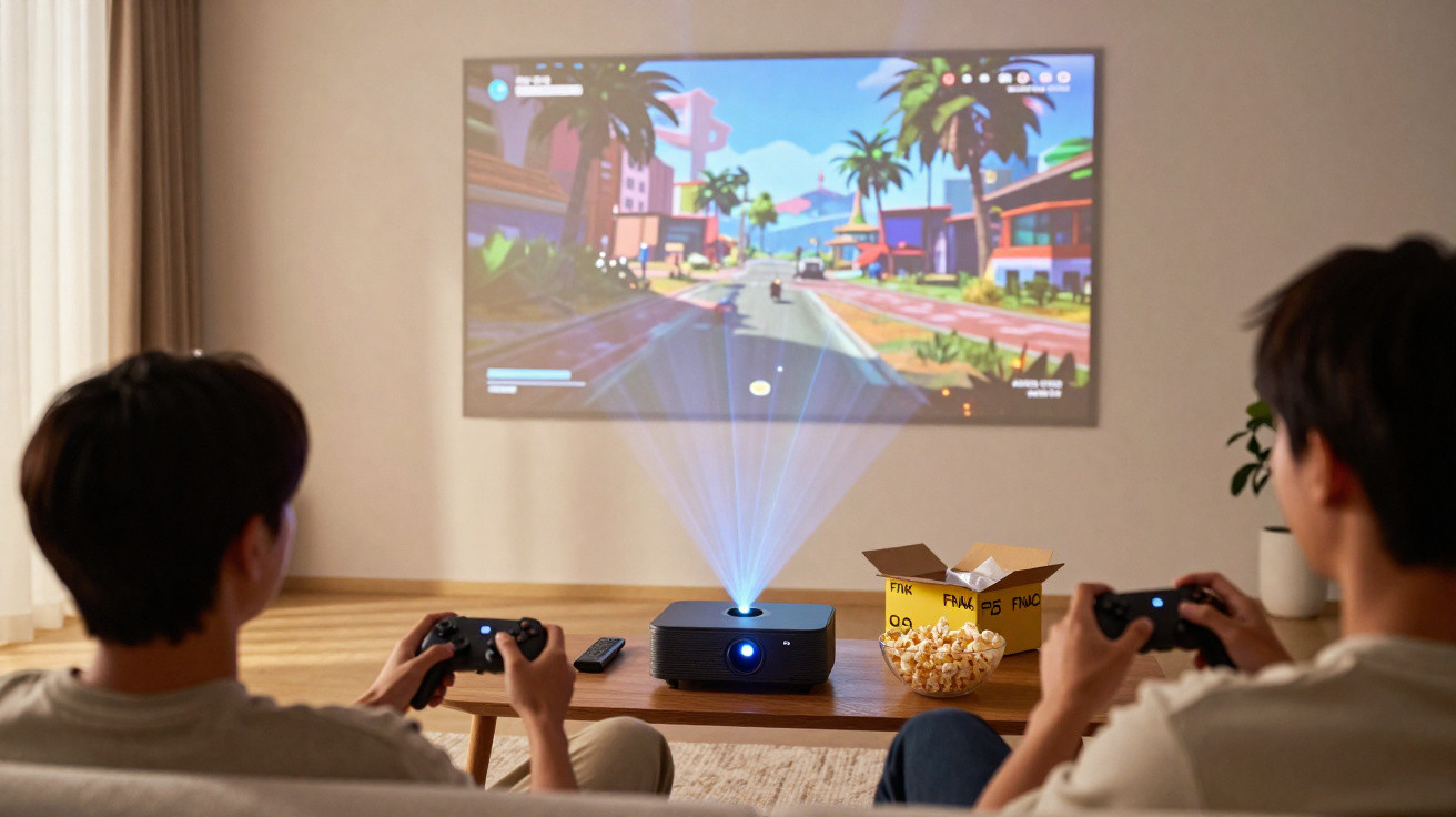 Two people playing a video game projected on a wall from a mini projector on a wooden table with popcorn.