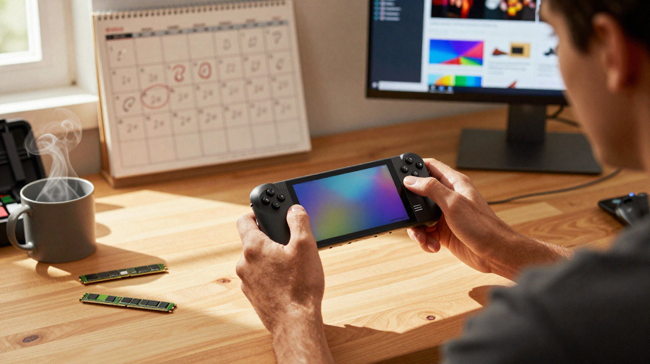 Person holding a handheld gaming console at a wooden desk with steaming mug and computer screen in the background.