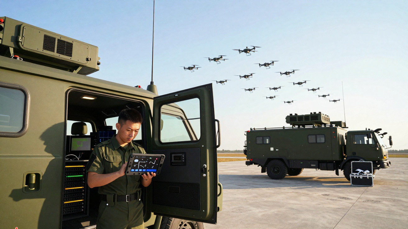 Military personnel operating drones with control vehicles parked on an airfield under clear sky.