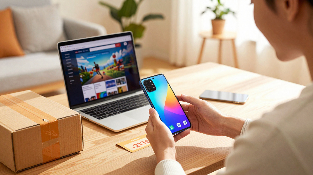 Person holding a smartphone in front of a laptop on a wooden table with a cardboard box nearby.