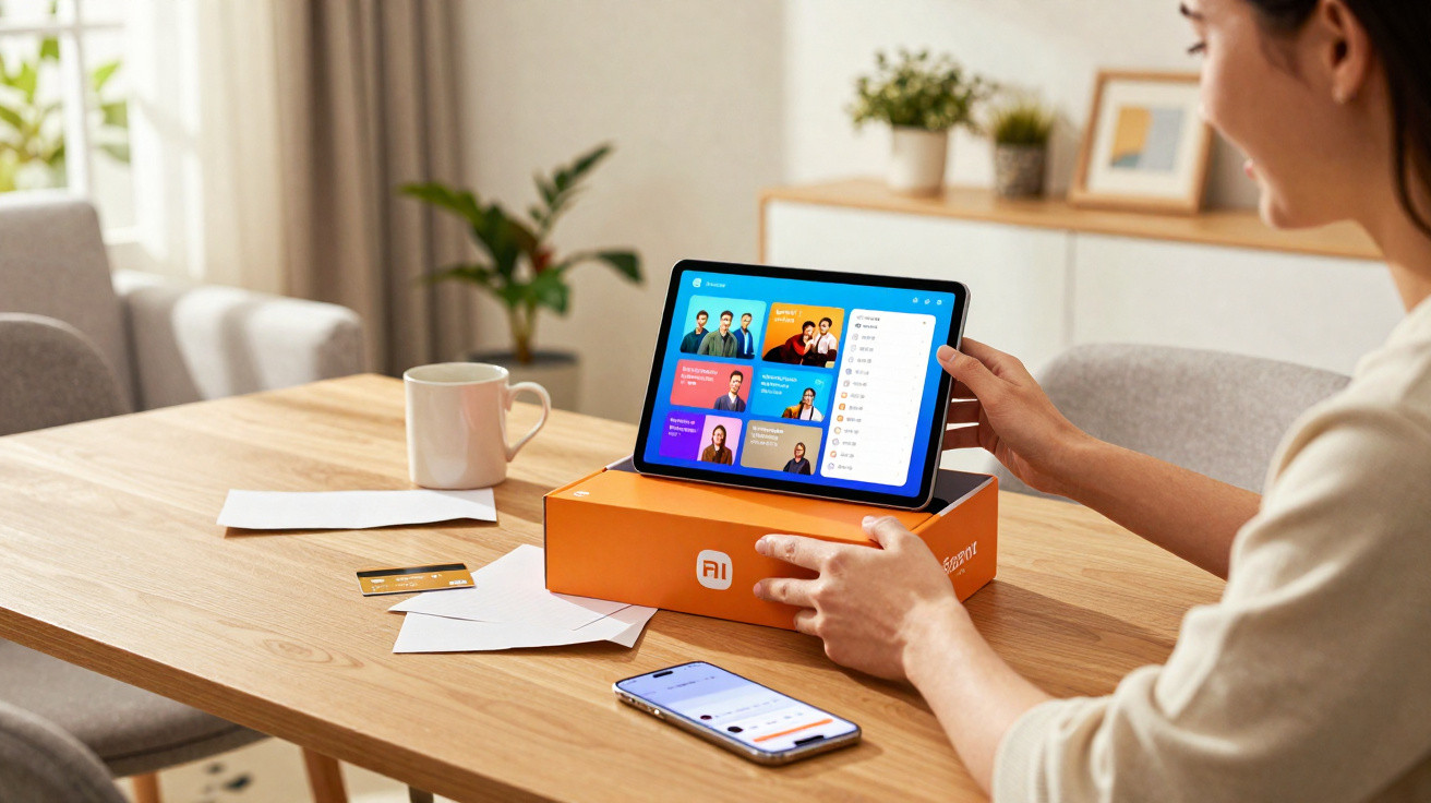 Person sitting at a table using a tablet showing a video call interface with multiple participants.