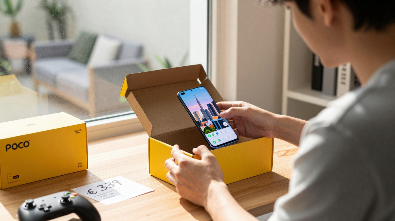 Person unboxing a Poco smartphone showing its screen with a cityscape image, next to a game controller and price tag.