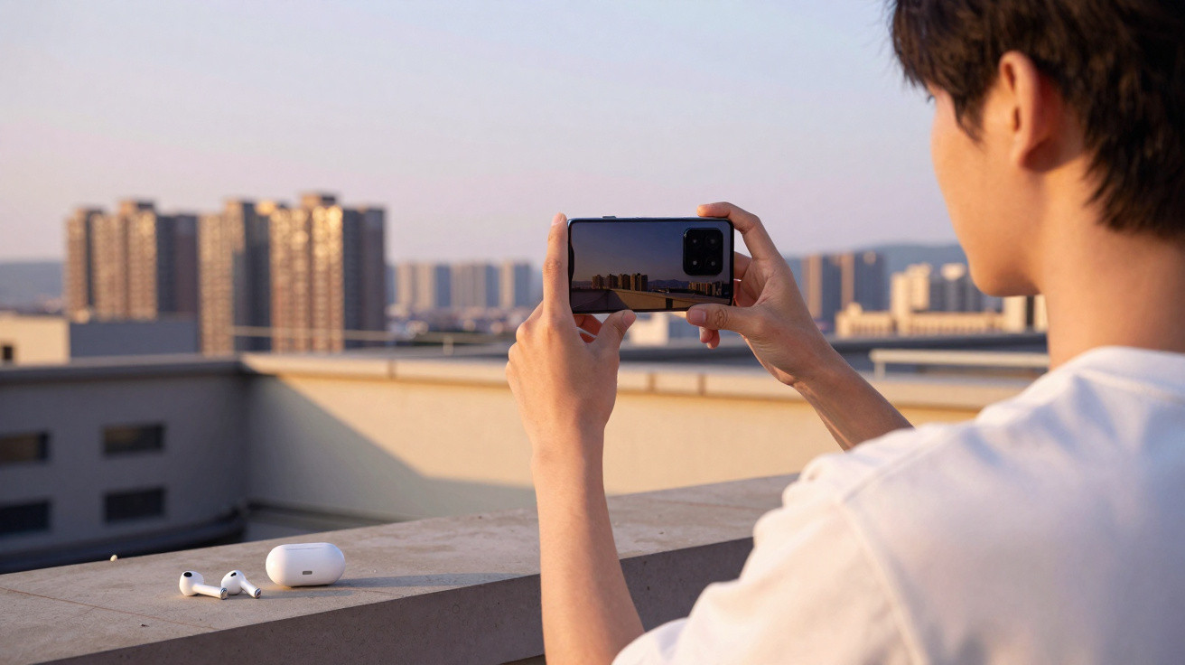 Person holding smartphone capturing cityscape during sunset with wireless earbuds and case on ledge.