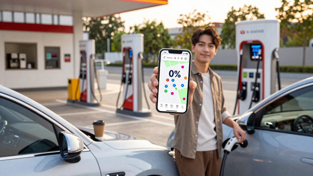 Man at electric car charging station holding phone showing 0% battery charge on app screen