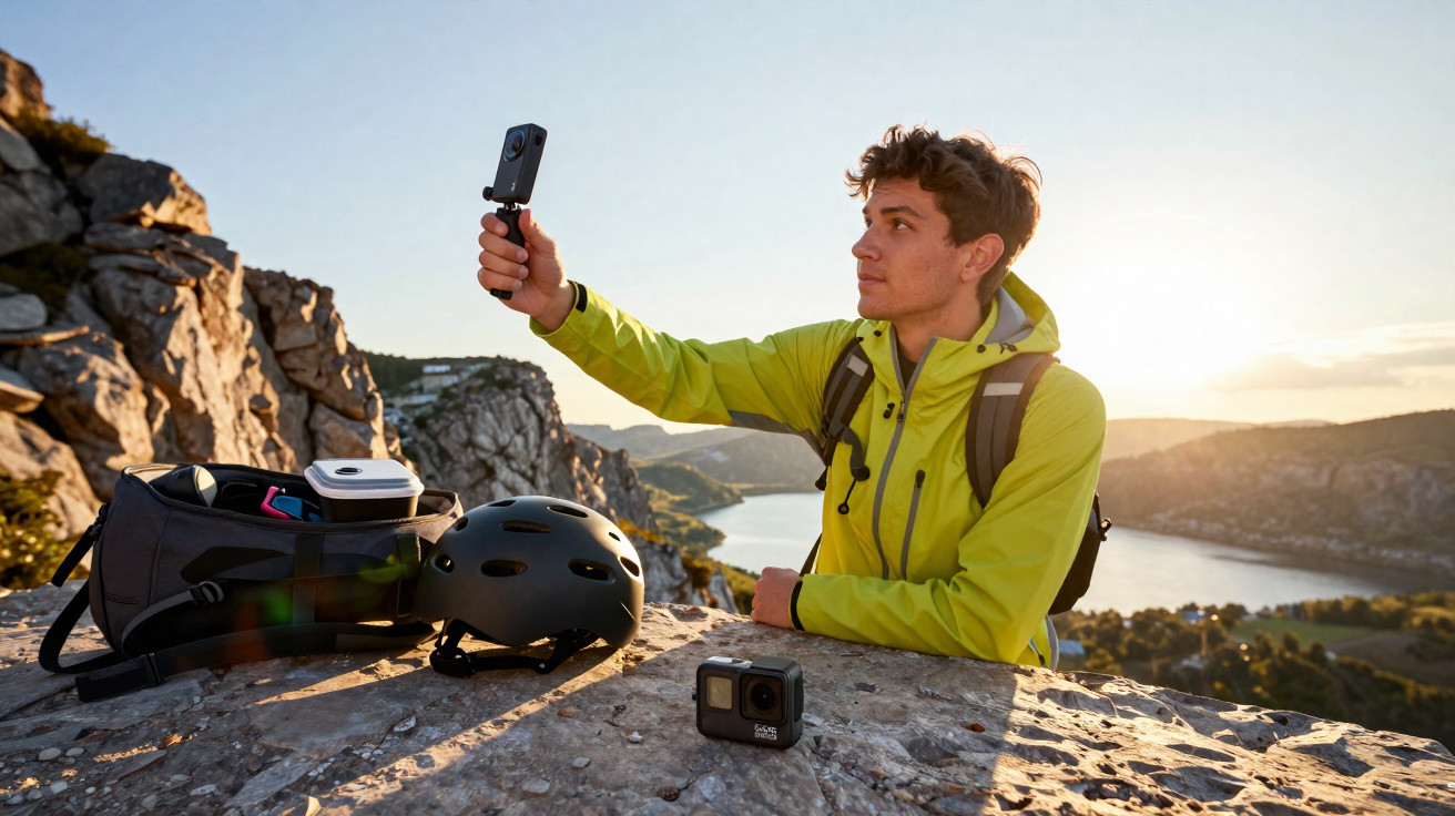 Young man in a bright jacket holding a camera on a mountaintop with a backpack, helmet, and action camera nearby.