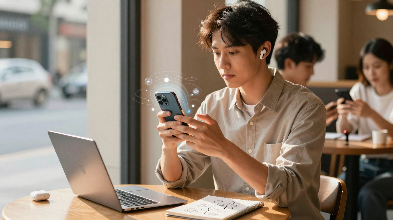 Young man with earbuds using smartphone and laptop at a cafe table with notebook and two people in background