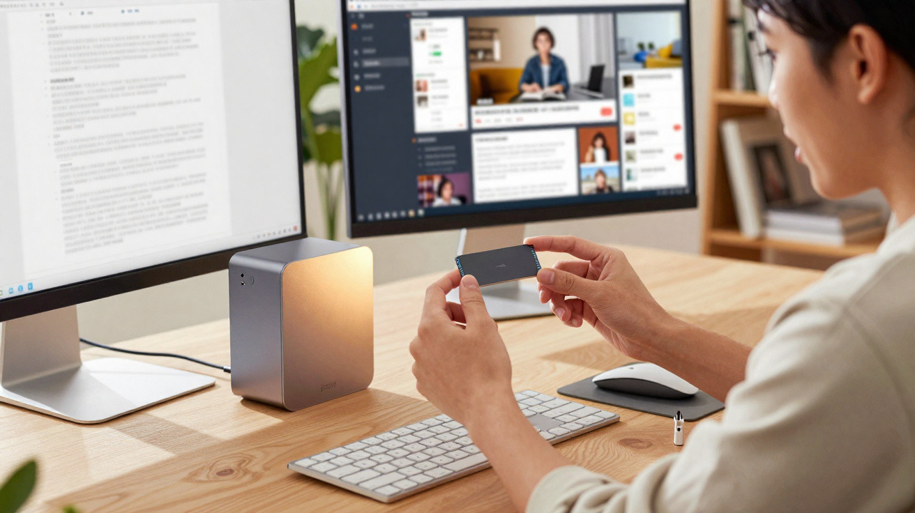 Person working at desk with dual monitors, holding a small external device near keyboard and mouse.