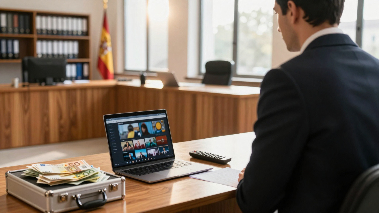 Man in suit attending a virtual meeting in a courtroom with a briefcase of money on the desk.