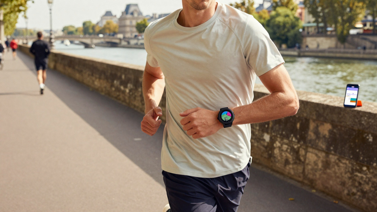 Man jogging along riverside path wearing a smartwatch displaying fitness data, with phone on wall nearby.