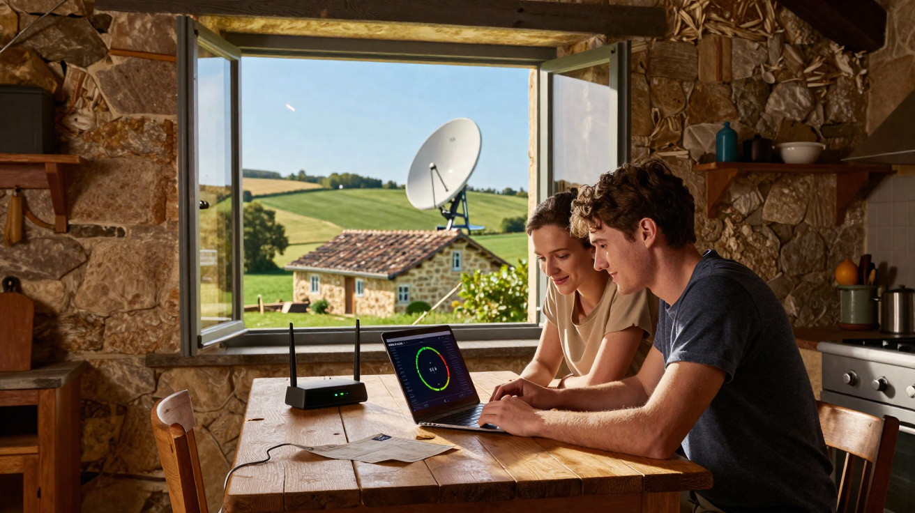 Young couple using laptop with Wi-Fi router on wooden table in rustic kitchen with open window to countryside view