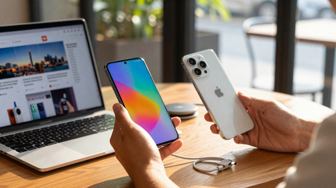 Person holding two smartphones, one with a colourful screen and the other an iPhone, beside a laptop on a wooden table.