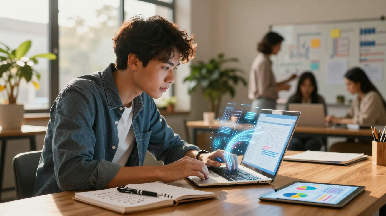 Young man working on laptop with digital interface projection in modern office with colleagues in background