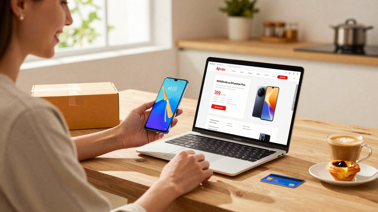 Woman holding smartphone and browsing smartphone product page on laptop at wooden kitchen table with coffee and pastry.