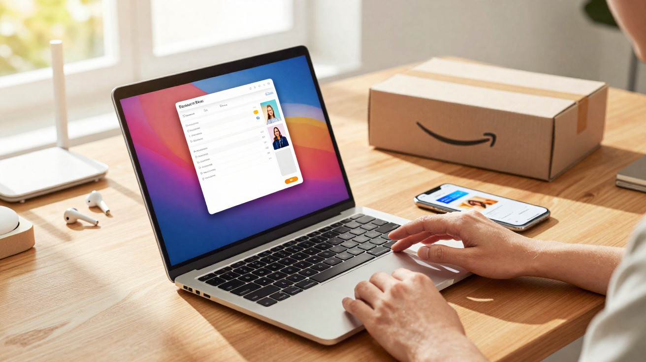 Person filling out a form on a laptop at a wooden desk with a smartphone and Amazon delivery box nearby.