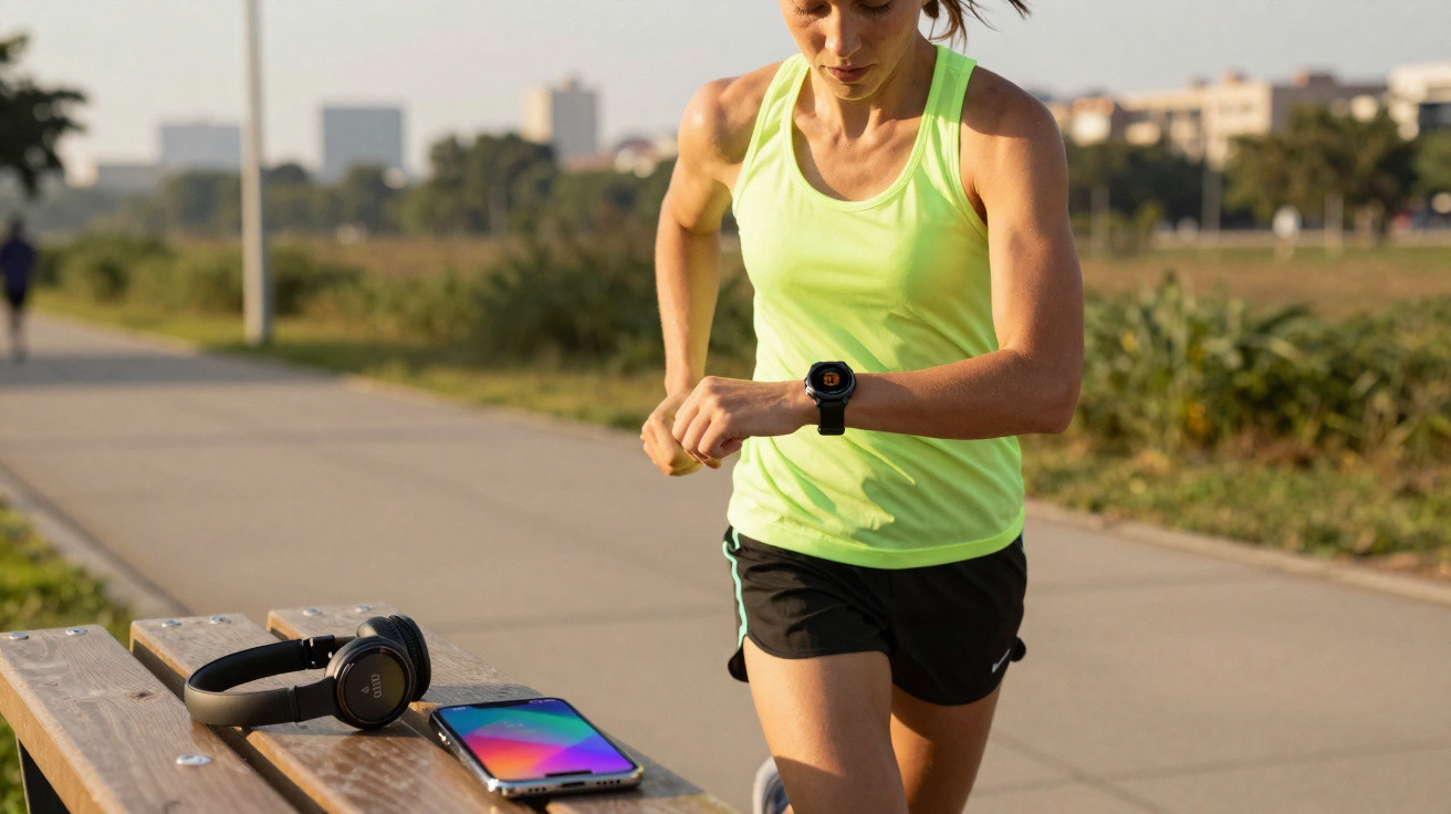 Woman in a neon yellow vest jogging outdoors, checking her smartwatch near a bench with headphones and smartphone.