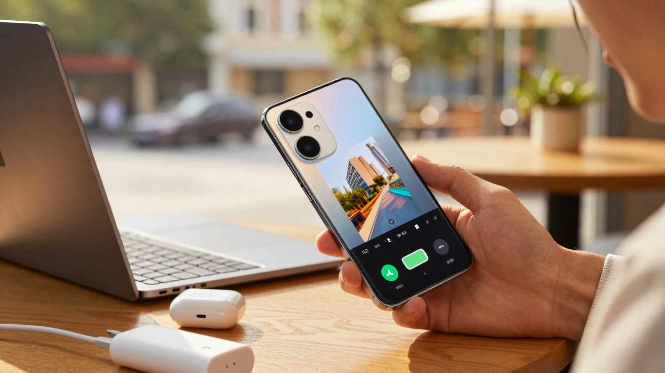 Person holding a smartphone showing a photo of a cityscape, with a laptop and wireless earbuds on a table.