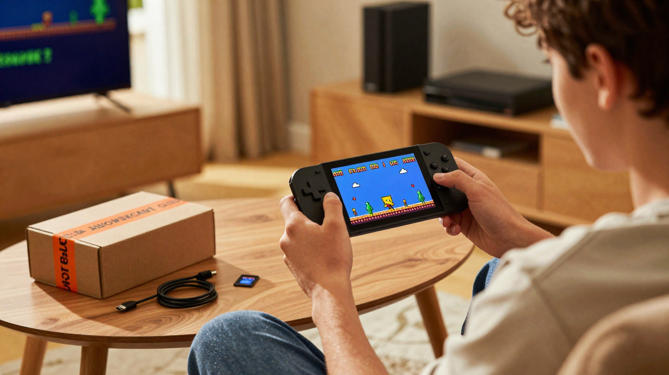 Person holding a handheld gaming console playing a pixel art platformer game in a living room.