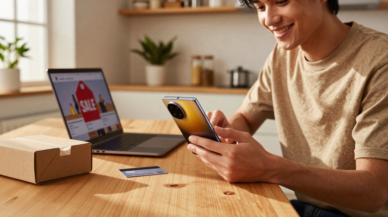 Young man shopping online using smartphone, credit card, and laptop with sale website displayed on screen.